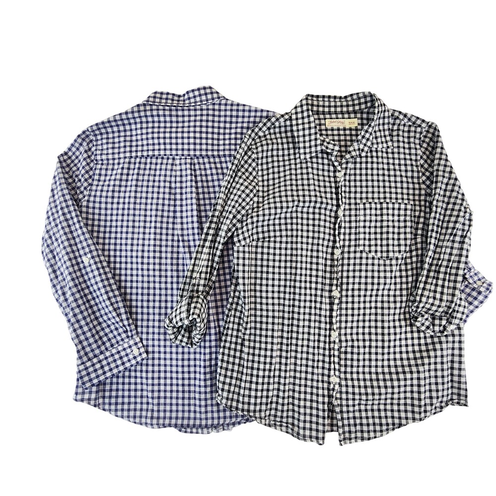 Faded Glory Gingham Button Up Shirts Lot Womens M Black Blue Long Sleeve